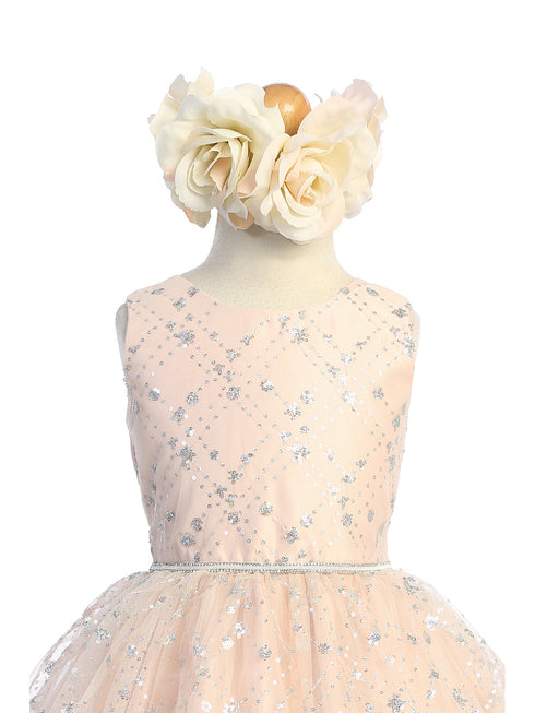 Big Girls Blush Diamond Sequin Crystal Tulle Junior Bridesmaid Dress 7-12 - SophiasStyle.com